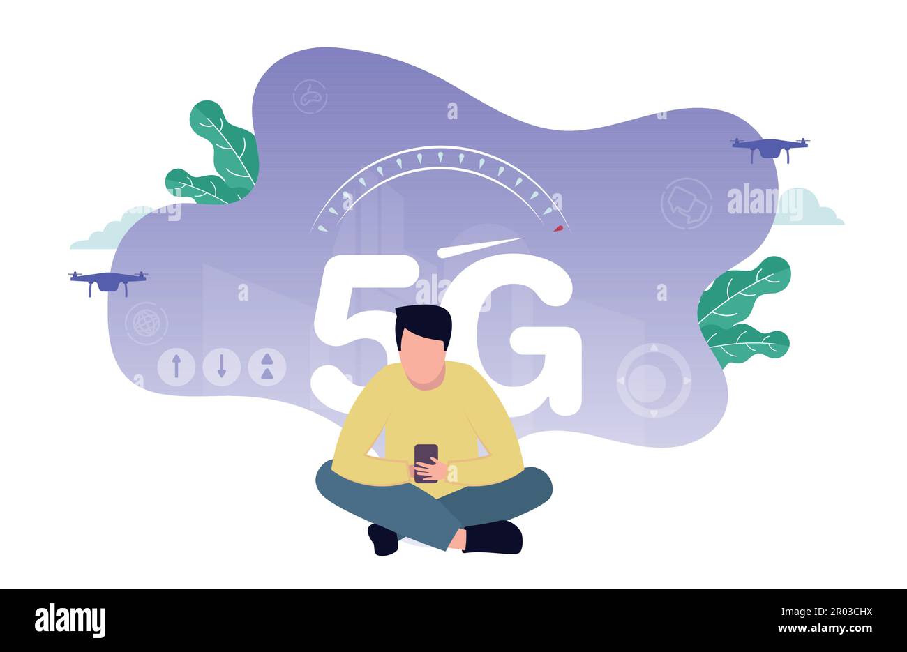 Vektordarstellung des 5G-Internets. Ein Mann mit einem Smartphone in der Hand sitzt in der Nähe eines 5G-Schilds, über dem ein Tachometer vor dem Hintergrund eines steht Stock Vektor