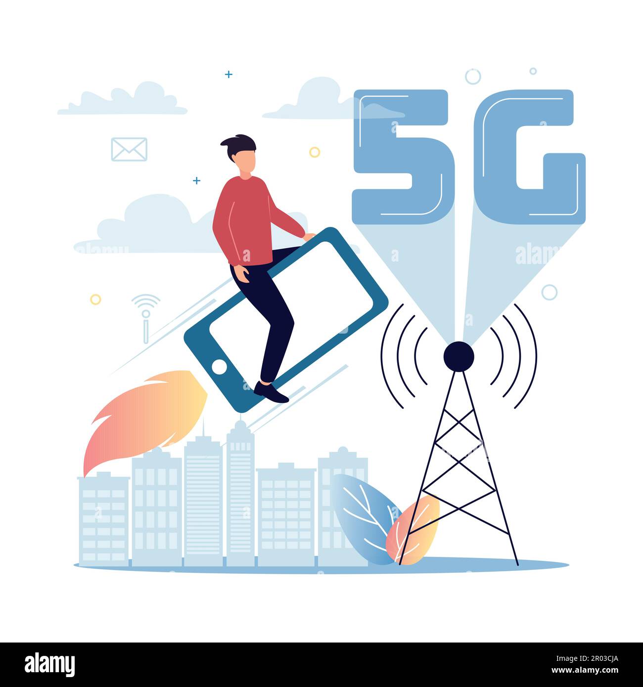 5G mobiles Internet. Ein Mann fliegt mit einem Smartphone in einer Rakete, in der Nähe eines Turms mit einem 5G-Zeichen, vor dem Hintergrund einer Stadt, Pflanzen, Wolken, Ikonen Stock Vektor
