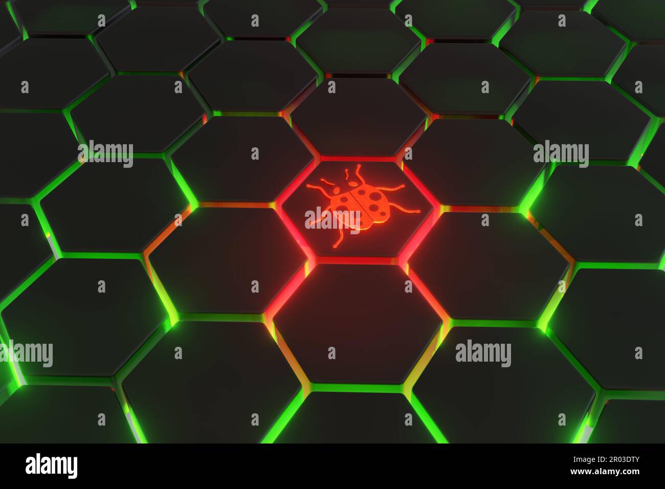 Eine hölzerne Wanze auf einer sechseckigen Zelle, die rot markiert ist. Darstellung des Konzepts von Softwarefehlern, Update-Patches und Sicherheitslücken Stockfoto