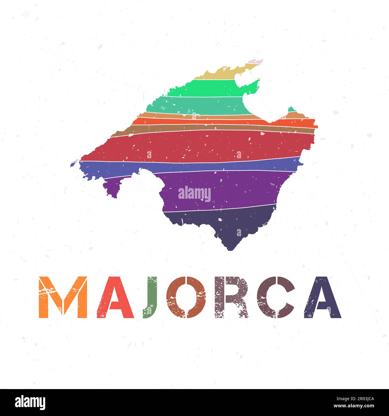 Mallorca-Kartendesign. Form der Insel mit wunderschönen geometrischen Wellen und Grunge-Textur. Kühle Vektordarstellung. Stock Vektor