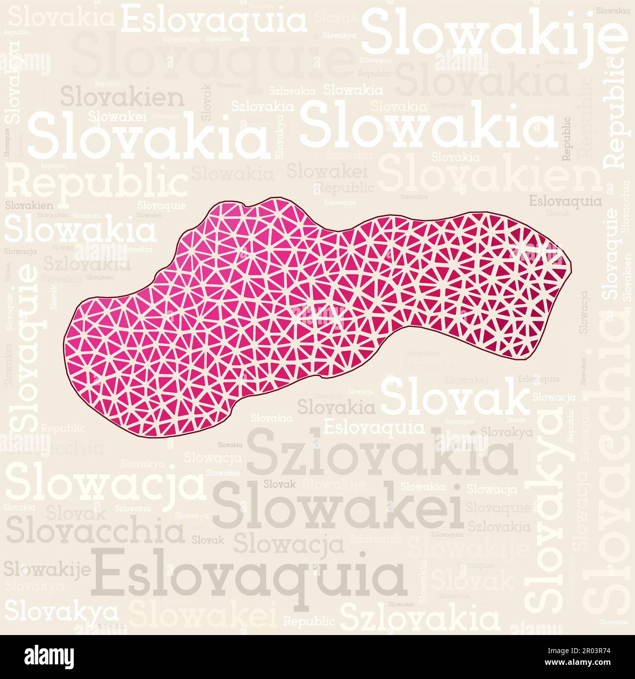 Slowakei Kartendesign. Ländernamen in verschiedenen Sprachen und Kartenform mit geometrischen niedrigen Poly-Dreiecken. Authentische Vektor-Illustration der Slowakei. Stock Vektor