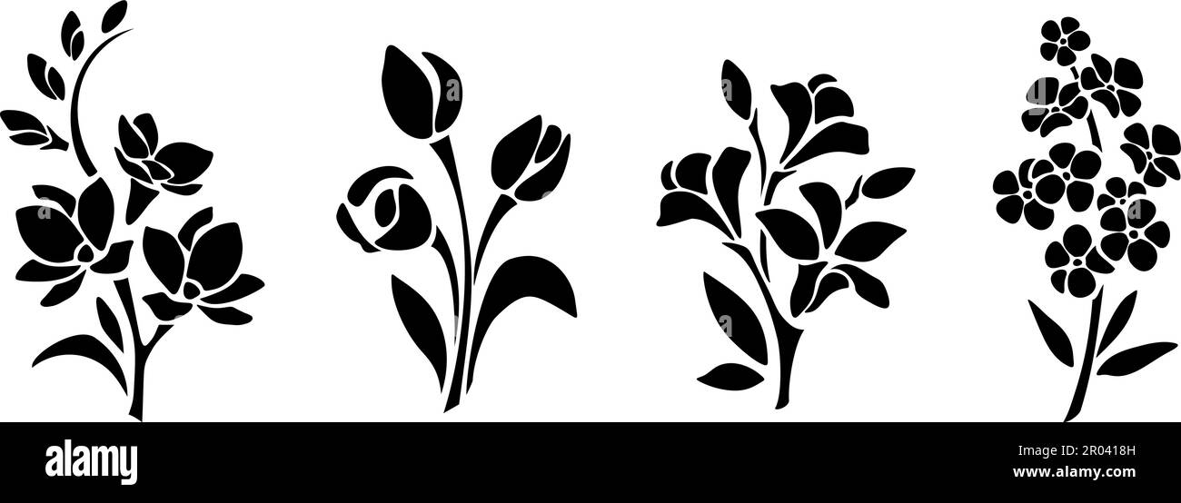 Ein Blumenset. Schwarze Silhouetten von Blüten (Freesien, Tulpen, Alstroemeria und vergessen-mich-nicht-Blüten) isoliert auf weißem Hintergrund. Vektor illustr Stock Vektor