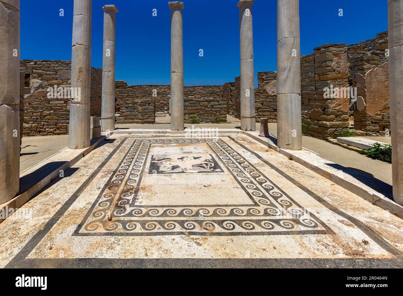 Das "Haus des Dionysos" in der archäologischen Stätte von der "Heilige" Insel Delos. Kykladen, Griechenland. Stockfoto