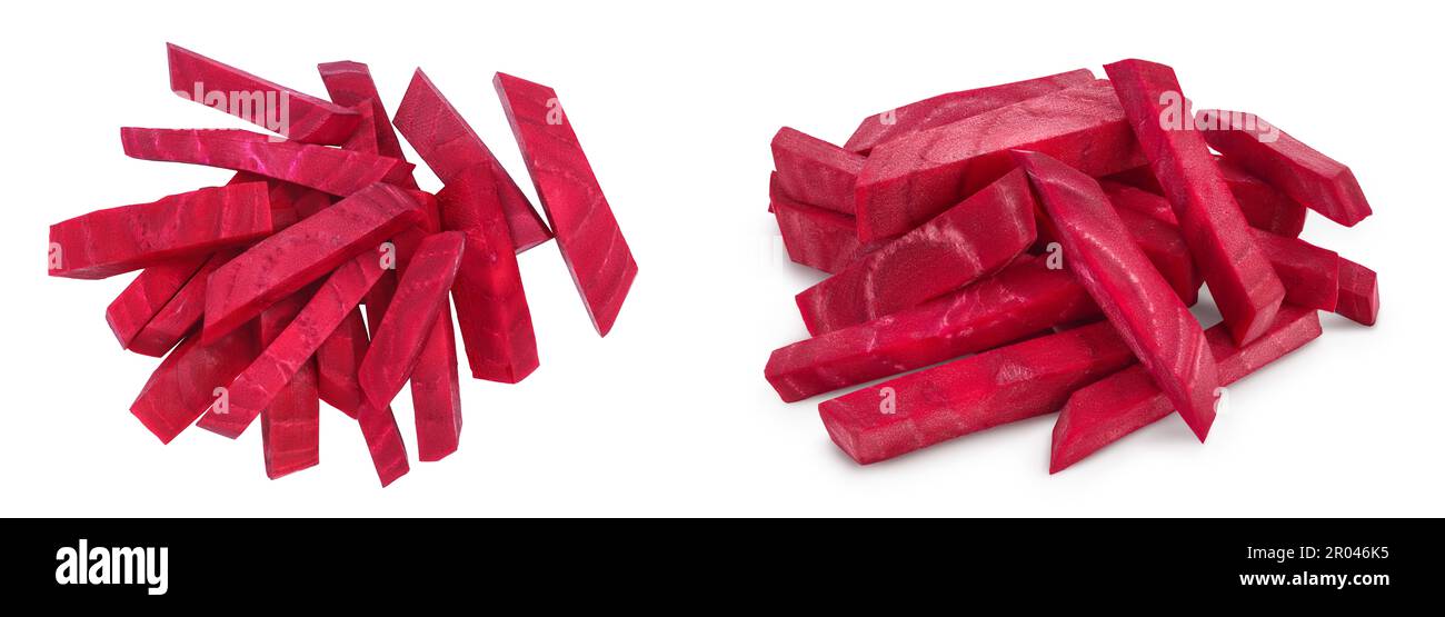 Rote-Bete-Schichten auf weißem Hintergrund mit voller Schärfentiefe, Draufsicht. Flach verlegt Stockfoto