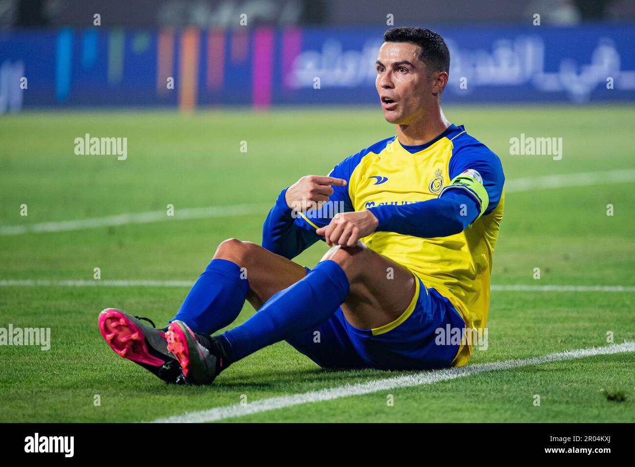 Cristiano Ronaldo vom FC Al-Nassr Gesten gegen den FC Al-Raed während des SAFF Roshn Saudi Pro League 2023-24 Match Day 24 im Al-Awwal Park Stadium am 29. April 2023 in Riad, Saudi-Arabien. Foto: Victor Fraile / Power Sport Images Stockfoto