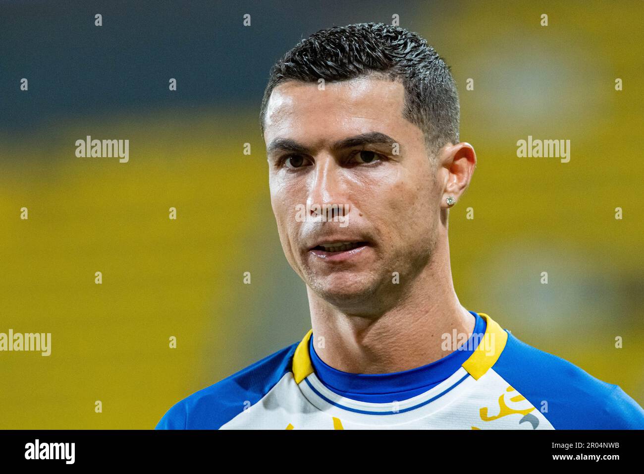 Cristiano Ronaldo vom FC Al-Nassr Gesten gegen den FC Al-Raed während des SAFF Roshn Saudi Pro League 2023-24 Match Day 24 im Al-Awwal Park Stadium am 29. April 2023 in Riad, Saudi-Arabien. Foto: Victor Fraile / Power Sport Images Stockfoto