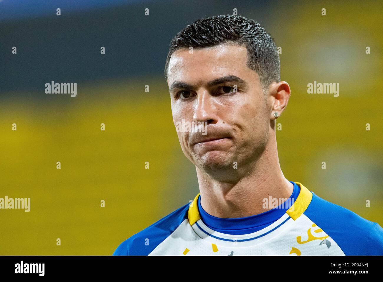 Cristiano Ronaldo vom FC Al-Nassr Gesten gegen den FC Al-Raed während des SAFF Roshn Saudi Pro League 2023-24 Match Day 24 im Al-Awwal Park Stadium am 29. April 2023 in Riad, Saudi-Arabien. Foto: Victor Fraile / Power Sport Images Stockfoto