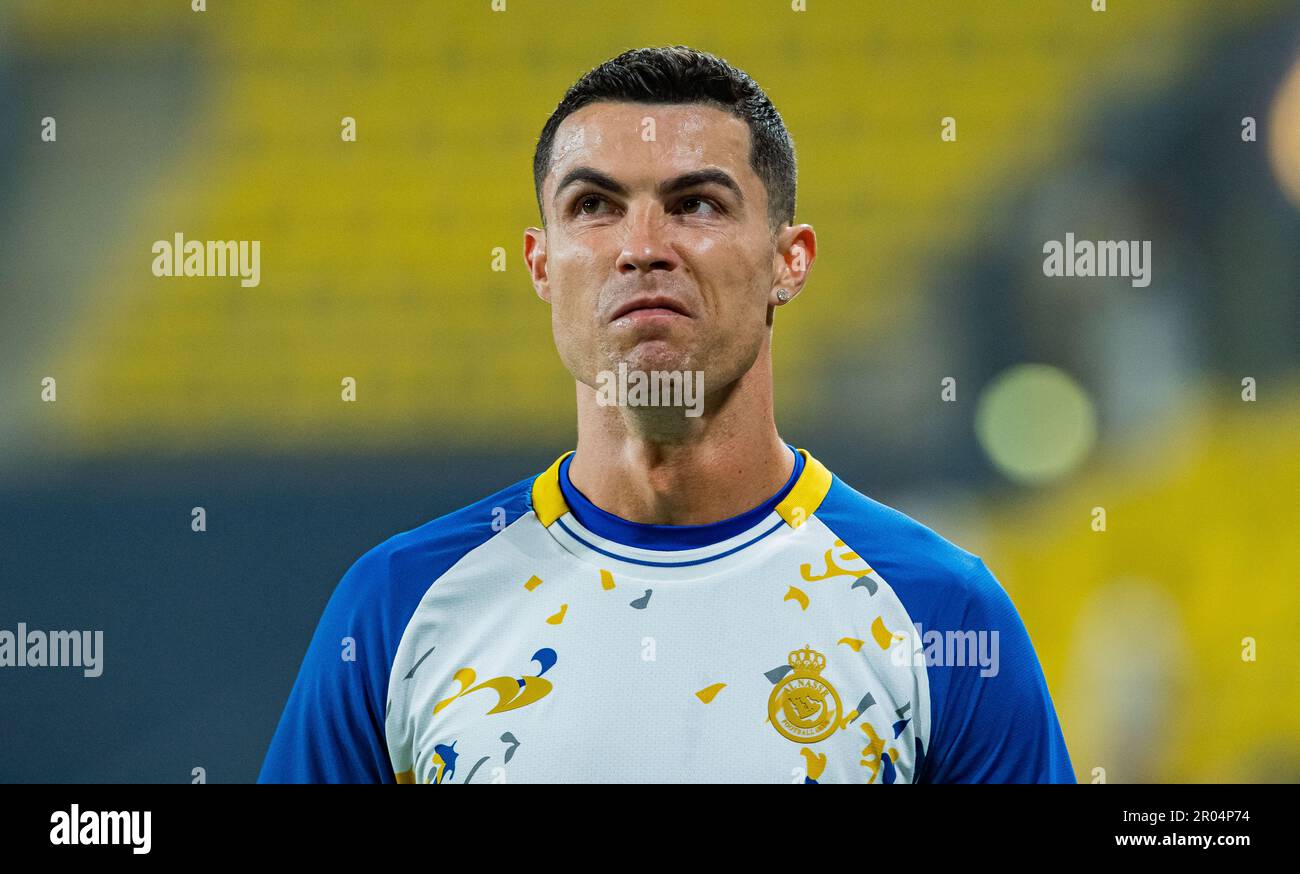 Cristiano Ronaldo vom FC Al-Nassr Gesten gegen den FC Al-Raed während des SAFF Roshn Saudi Pro League 2023-24 Match Day 24 im Al-Awwal Park Stadium am 29. April 2023 in Riad, Saudi-Arabien. Foto: Victor Fraile / Power Sport Images Stockfoto