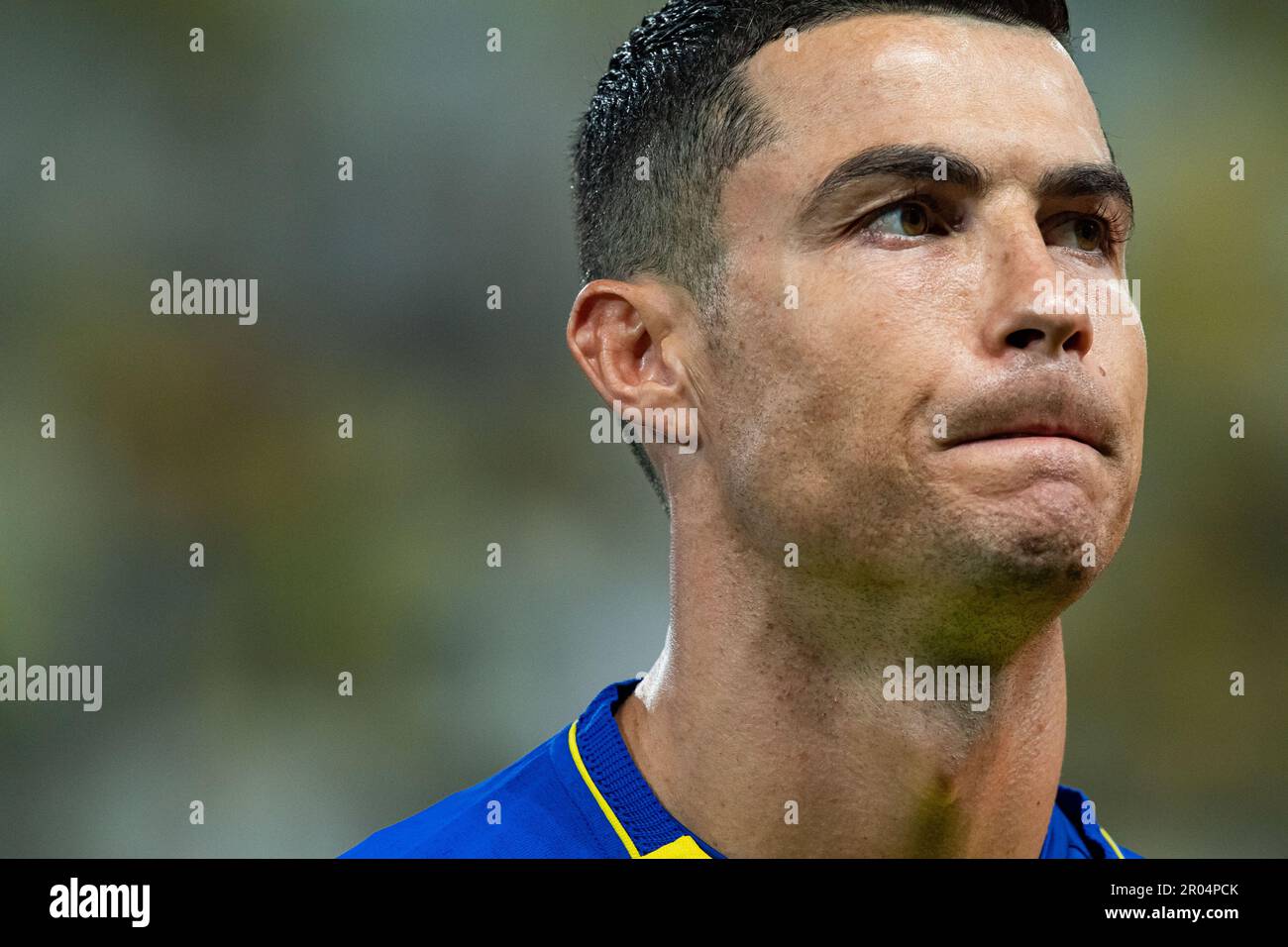 Cristiano Ronaldo vom FC Al-Nassr Gesten gegen den FC Al-Raed während des SAFF Roshn Saudi Pro League 2023-24 Match Day 24 im Al-Awwal Park Stadium am 29. April 2023 in Riad, Saudi-Arabien. Foto: Victor Fraile / Power Sport Images Stockfoto