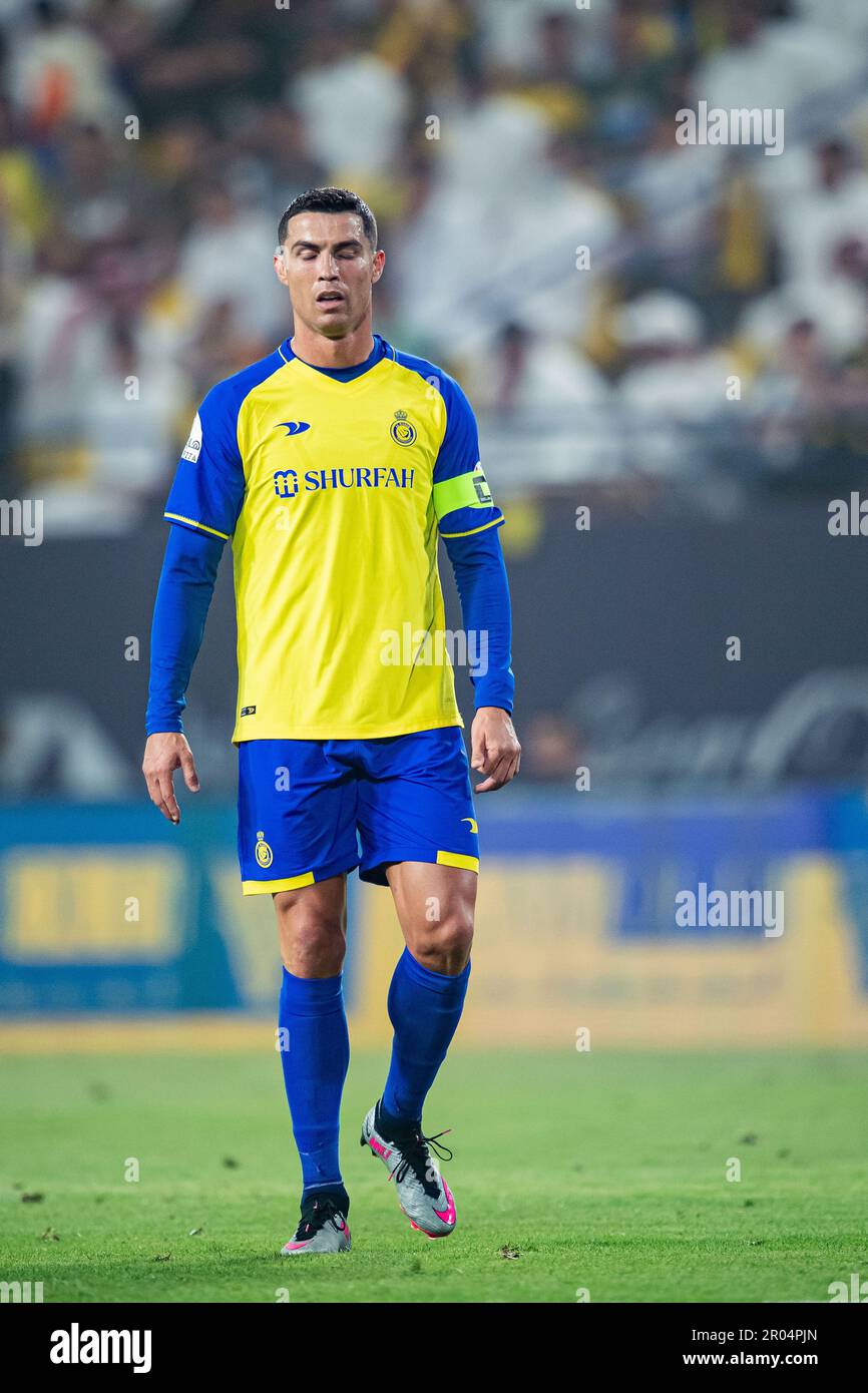 Cristiano Ronaldo vom FC Al-Nassr Gesten gegen den FC Al-Raed während des SAFF Roshn Saudi Pro League 2023-24 Match Day 24 im Al-Awwal Park Stadium am 29. April 2023 in Riad, Saudi-Arabien. Foto: Victor Fraile / Power Sport Images Stockfoto