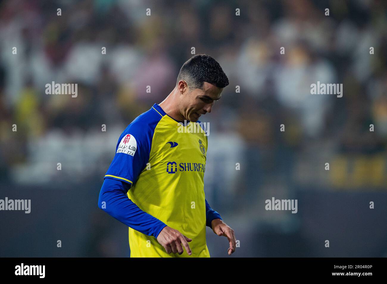 Cristiano Ronaldo vom FC Al-Nassr Gesten gegen den FC Al-Raed während des SAFF Roshn Saudi Pro League 2023-24 Match Day 24 im Al-Awwal Park Stadium am 29. April 2023 in Riad, Saudi-Arabien. Foto: Victor Fraile / Power Sport Images Stockfoto