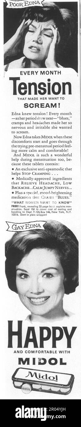 Midol PMS Krämpfe Spannung, weibliche Pillen Werbung in einem Journal Magazin, Dezember 1965. Der Schwule Edna Stockfoto
