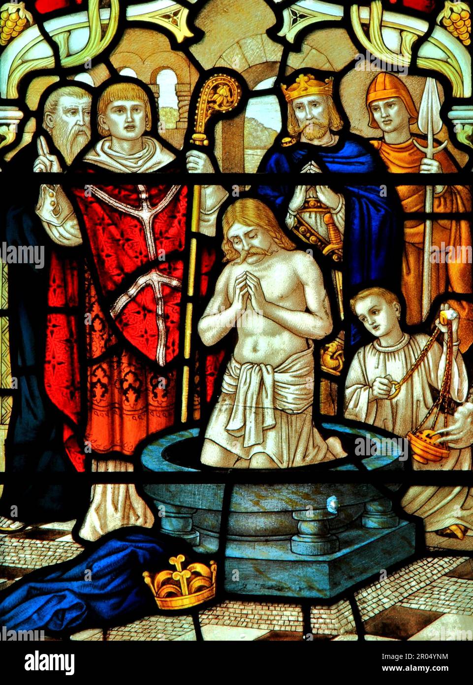 Guthrum, der Wikingerhäuptling, Taufe, begleitet von König Alfred, Buntglas, Blakeney, Norfolk, England Stockfoto