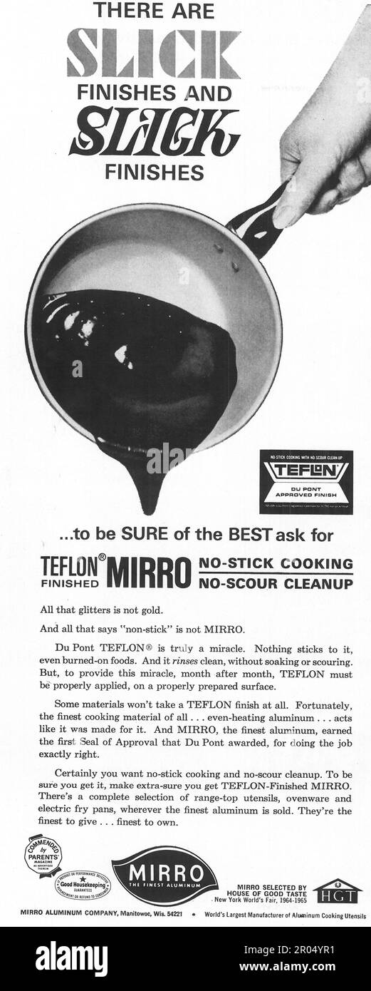 Teflon-Mirro-Aluminiumwerbung in einem Journal-Magazin, 1965 Stockfoto