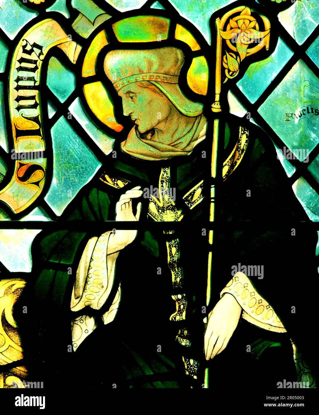 St Lupus, Gallic Missionary, Glasmalerei, Fenster, von J Powell & Son, 1900, Blakeney, Norfolk, England Stockfoto