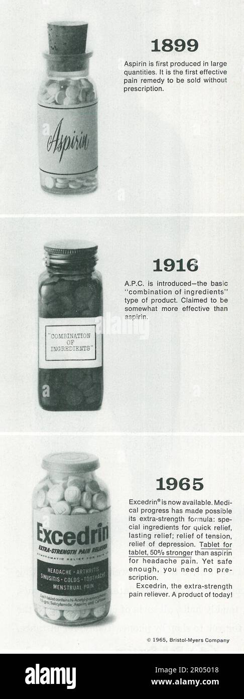 Werbung für Excedrin-Medikamente in einer Zeitschrift, 1965. Aspirin / Paracetamol / Koffein ist ein Kombinationspräparat zur Behandlung von Schmerzen, Stockfoto