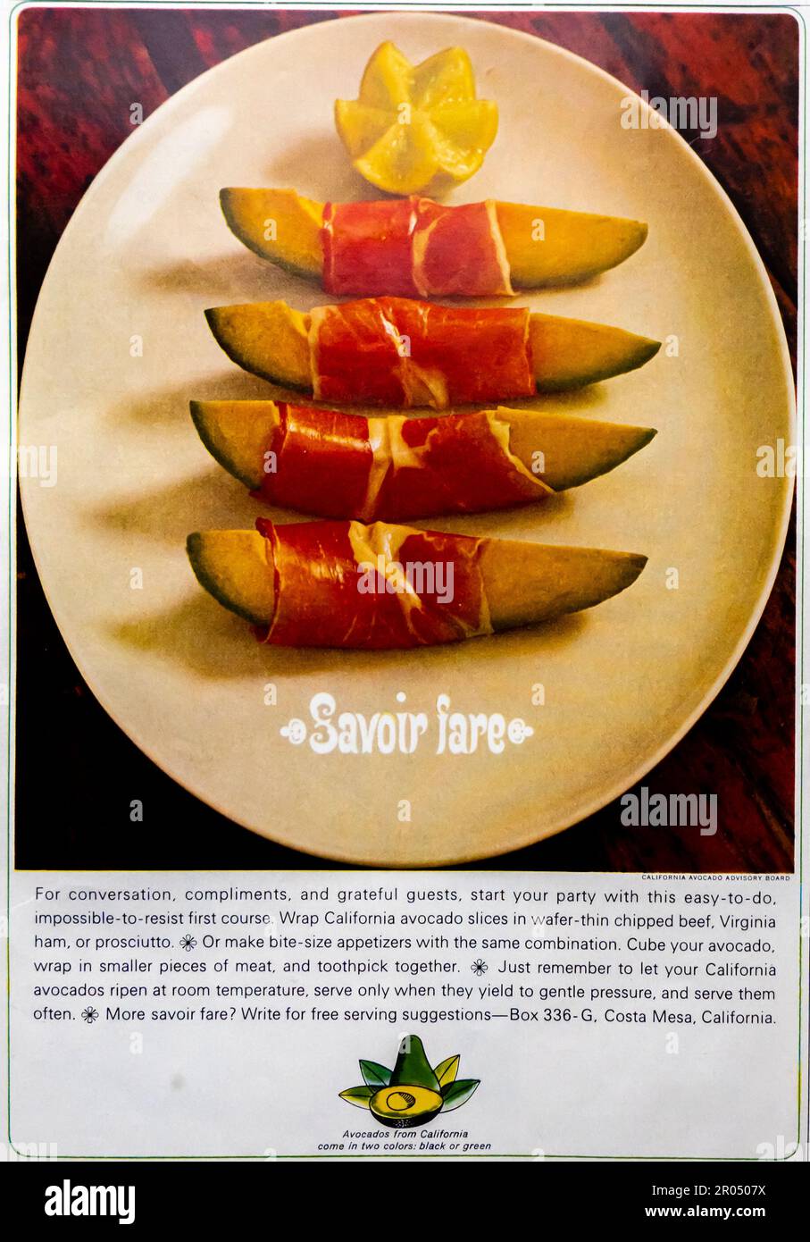 Avocados aus Kalifornien - Savoir-Kost-Werbespot in einer Zeitschrift, 1965 Stockfoto