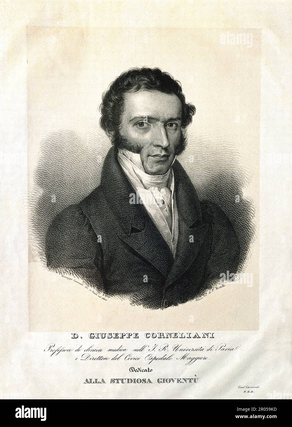 1832 , Pavia , ITALIEN : der gefeierte italienische Arzt GIUSEPPE CORNELIANI ( geboren in Villanterio di Monte Bolognola , Pavia , 9 . april 1777 - tot in Padova , 1855 ) , Professor an der Universität Padua . Gravur aus einem Porträt von Giuseppe Cornienti aus dem Jahr 1832 , Lithografien von P. Bertotti , Mailand . - GESCHICHTE - FOTO STORICHE - Università di Padova - scienziato - Wissenschaftler - Portrait - ritratto - DOTTORE - MEDICO - MEDICINA - Medizin - SCIENZA - WISSENSCHAFT - incisione - illustrazione - Illustration - colletto - Halsband - favoriti - Cravatta - Krawatte - MODA MASCHILE - MODE - 800. - 19. JAHRHUNDERT Stockfoto