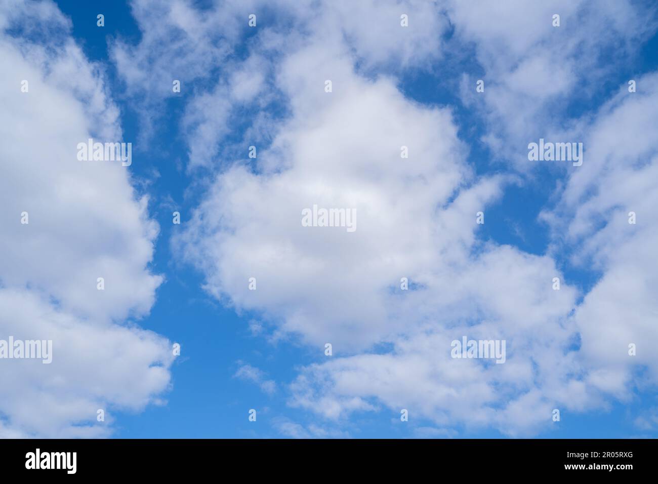 Hellblauer Himmel mit weißen Wolken im Frühling Stockfoto