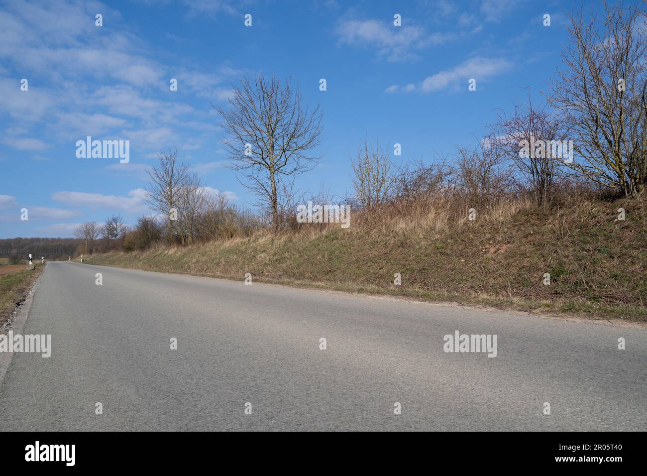Landstraße in der Landschaft mit blauem sonnigen Himmel im Frühling Stockfoto