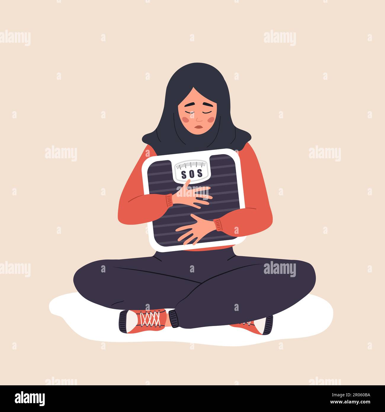 Essstörung. Trauriges arabisches Mädchen umarmt Waagen und macht sich Sorgen, übergewichtig zu sein. Lebensmittelsucht. Bulimie oder Anorexie. Vektor Stock Vektor