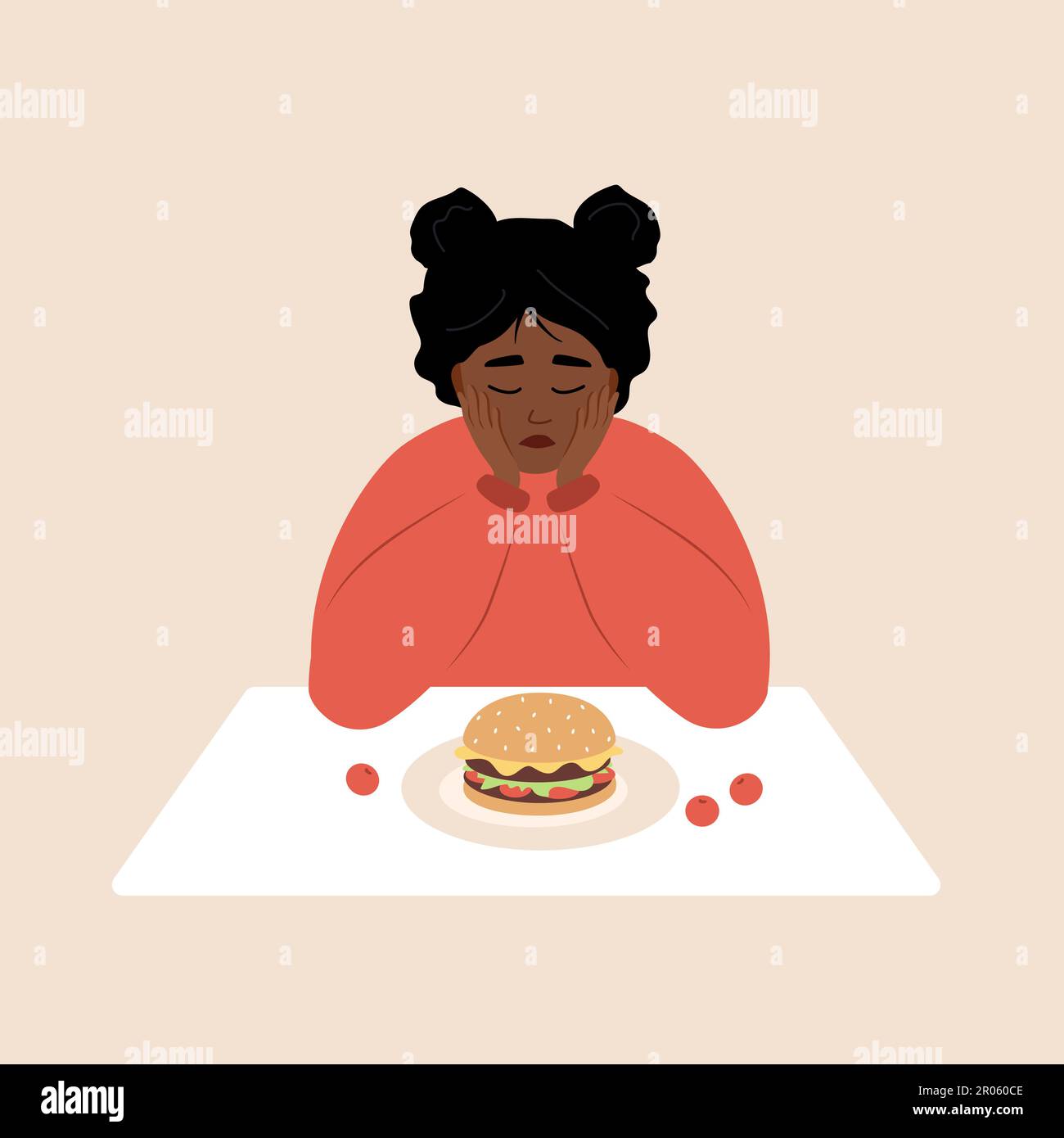 Essstörung. Traurige afrikanerin schaut Hamburger an und macht sich Sorgen, übergewichtig zu sein. Übermäßiges Essen, Bulimie, Anorexie. Lebensmittelsucht-Konzept Stock Vektor
