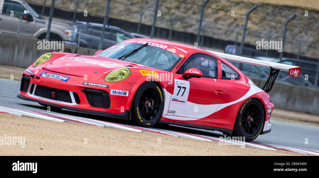 Monterey, Kalifornien, USA. 06. Mai 2023. A. Michael Williams(77) Porsche GT3 kommt aus Runde 3 während des TransAm Speedfest IGT Feature Race 1 auf dem WeatherTech Raceway Laguna Seca Monterey, CA Thurman James/CSM/Alamy Live News Stockfoto