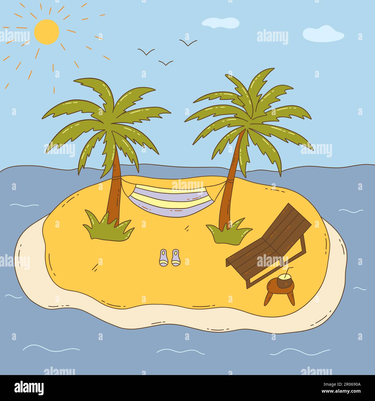 Kleine Insel im Meer. Zwei Palmen und Hängematte, Liegestuhl und kleiner Tisch mit Kokosnuss. Die Sonne scheint und die Vögel fliegen. Heiße Sommersaison. Stock Vektor