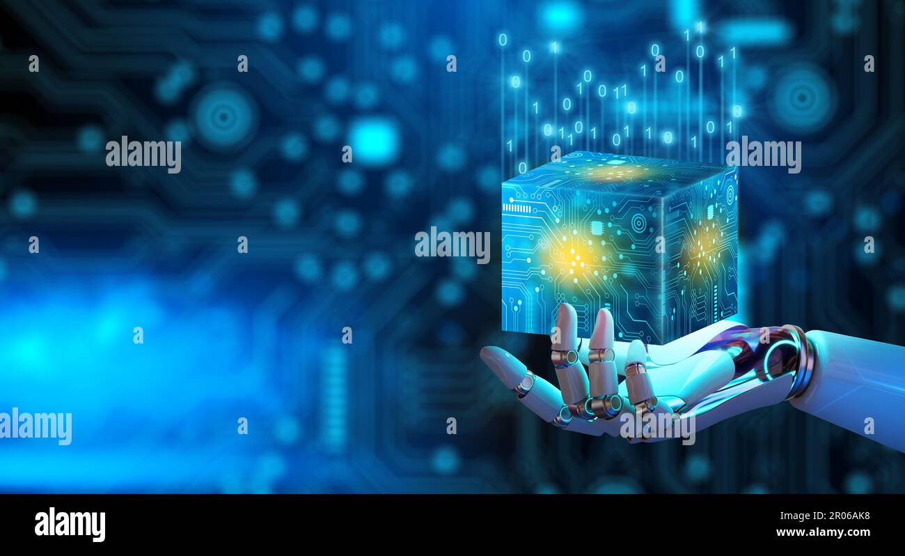 Roboter-Handheld-Ai-Cube-Technologie mit abstraktem blauem Hintergrund.  Blockchain-Netzwerksystem. Verarbeitung von Big-Data-Storage, knstliche  Intelligenz Stockfotografie - Alamy