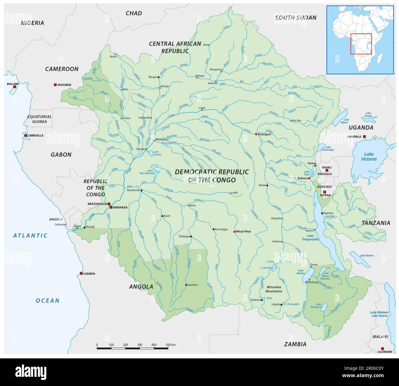 vektorkarte des kongo-Flussbeckens Stockfoto