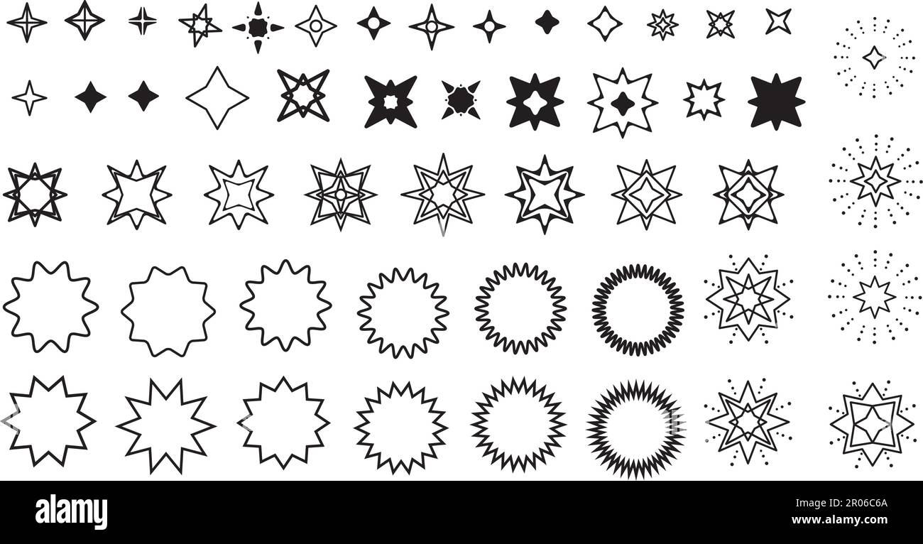 Sternensatz. Sternsymbole auf transparentem Hintergrund isoliert. Eine Reihe von schwarzen Sternen. Sterne in modernem und schlichtem flachem Stil. Transparenter Hintergrund Stock Vektor