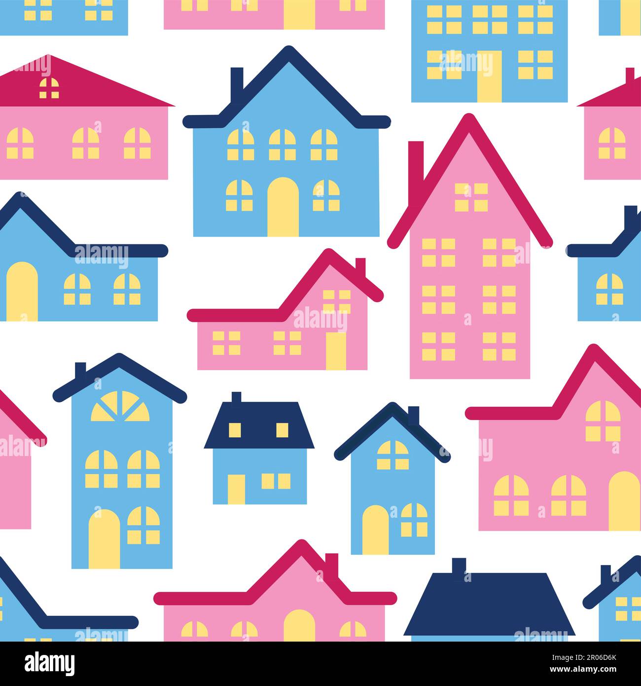 Muster mit pinkfarbenen und blauen Häusern. Muster für Babykleidung oder Geschenkpapier. Stock Vektor