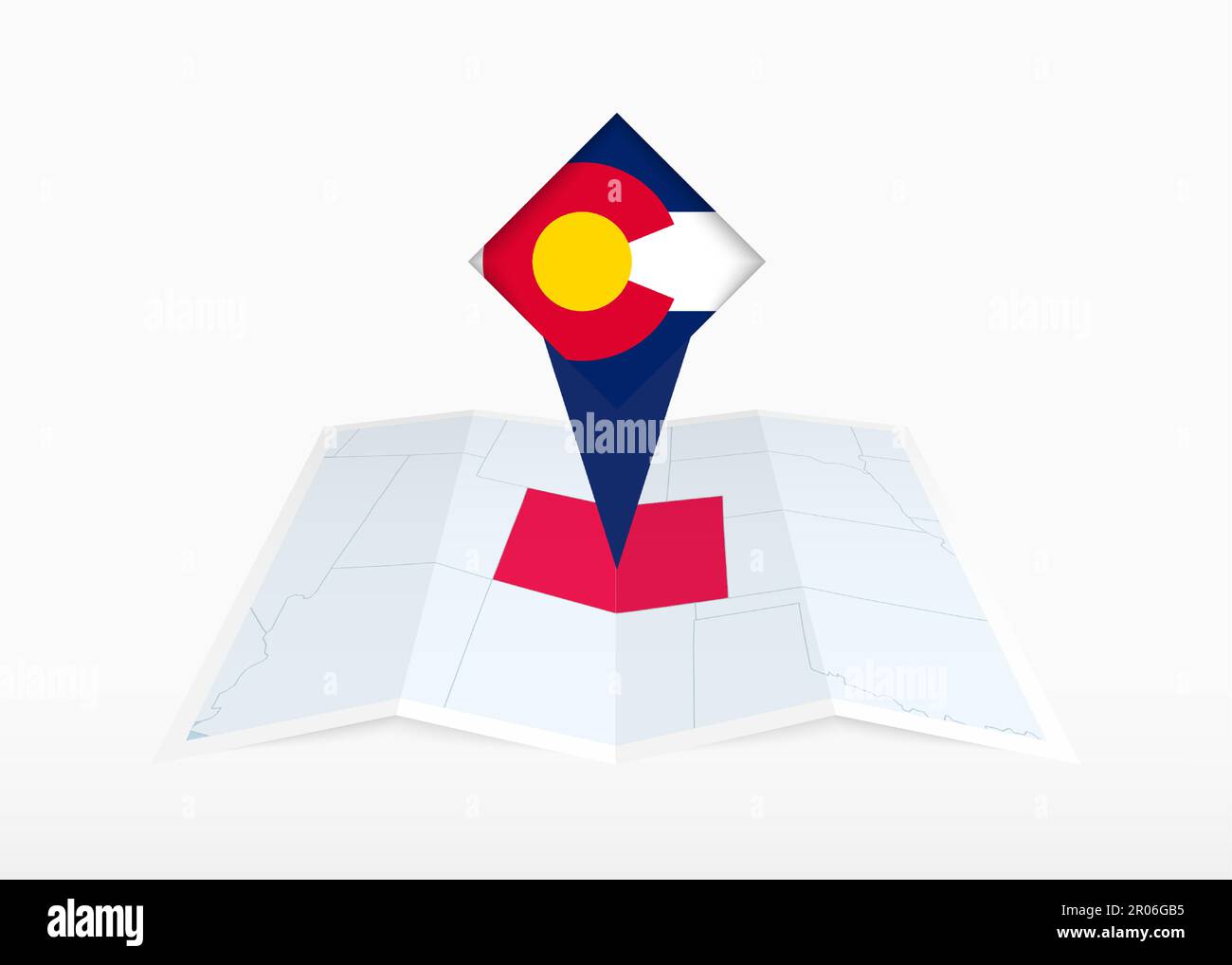 Colorado ist auf einer gefalteten Karte in Papierform abgebildet und mit der Flagge Colorados gekennzeichnet. Gefaltete Vektorkarte. Stock Vektor