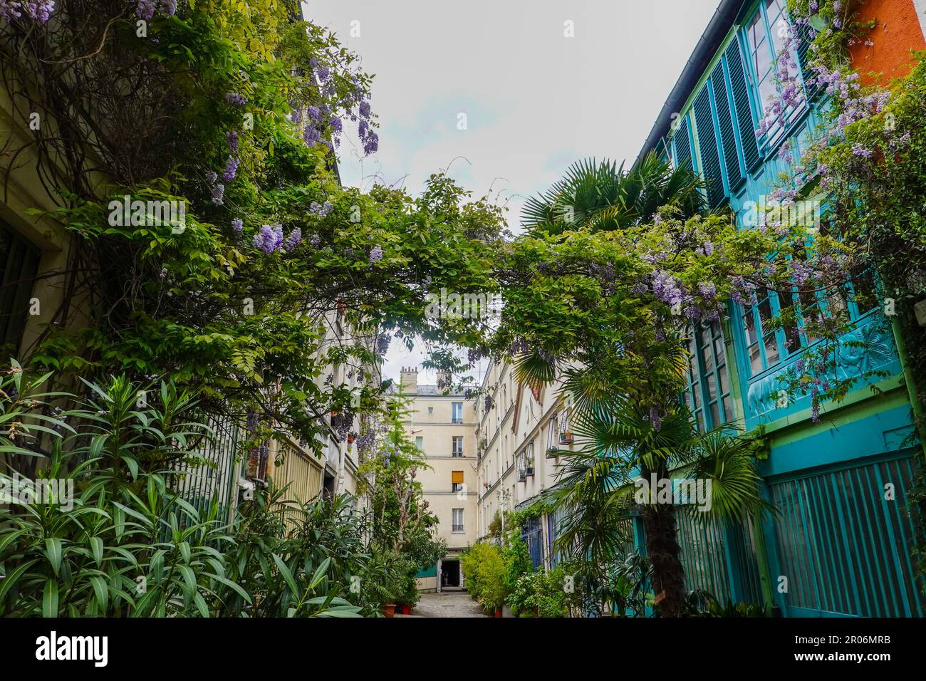 Üppige Pflanzen, La Cité du Figuier, versteckte Straße im 11. Arrondissement, bekannt als Ort, wo Metallarbeiter im 19. Jahrhundert Geschäfte hatten, Paris. Stockfoto