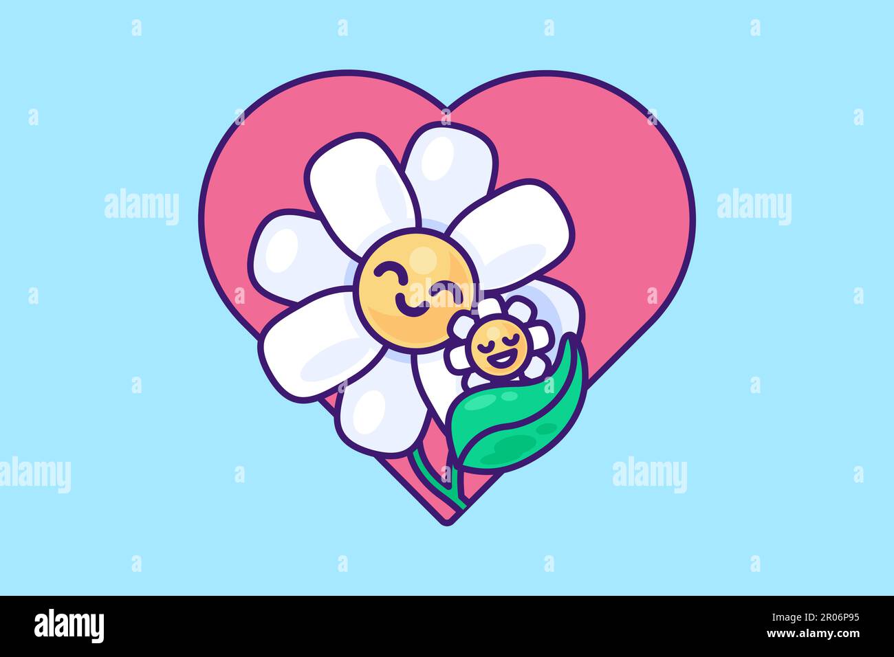 Fröhliche Blumenkamille mama umarmt das Baby sanft auf dem Rücken des rosa Herzens. Symbol-Emblem zur Dekoration des festlichen Banners zum Muttertag, Kindergartens oder Stock Vektor