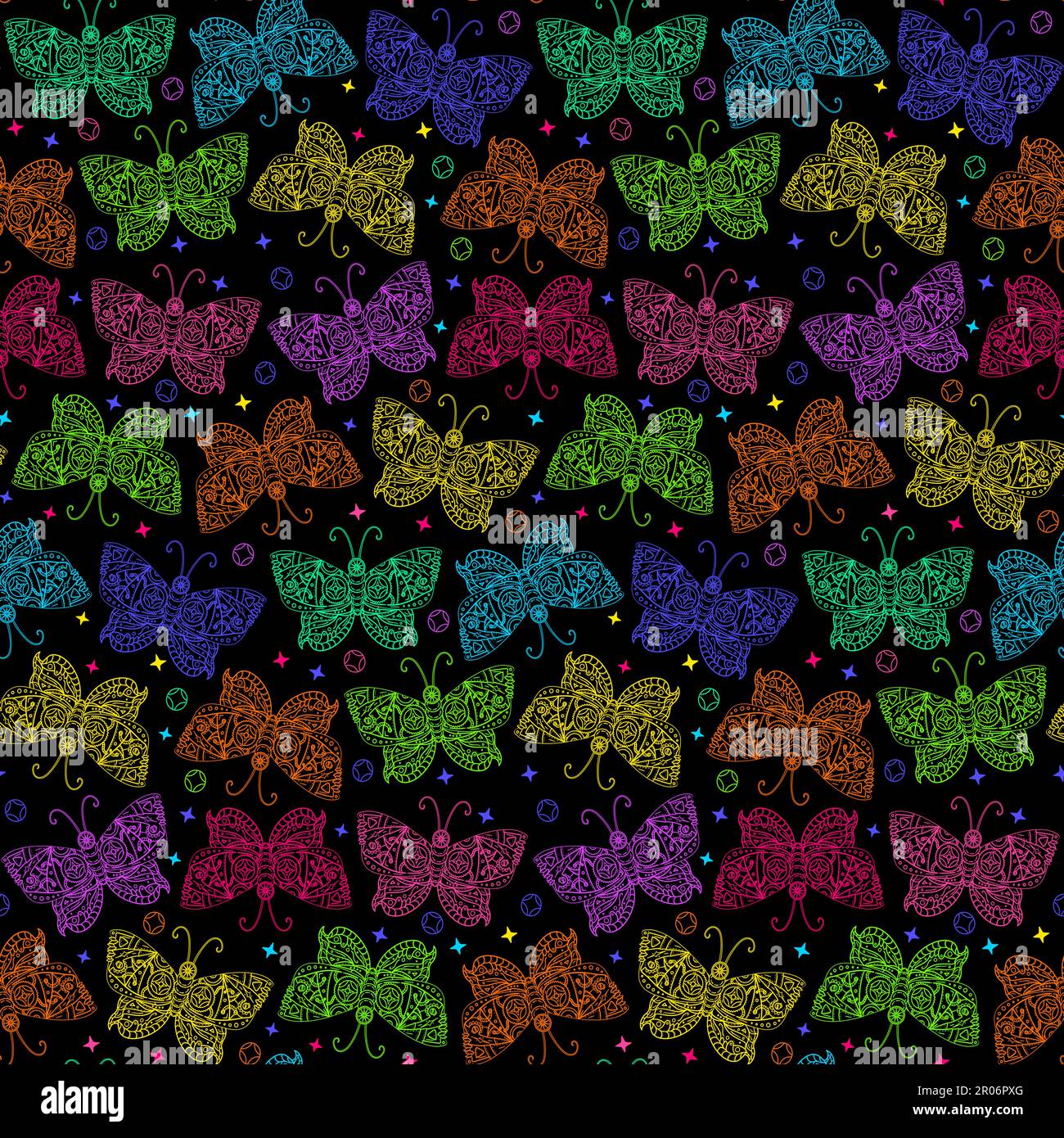 Neon-Steampunk-Schmetterlingsmuster mit leuchtenden tropischen Motten, verziert mit zauberhaften mystischen Ornaten auf Flügeln. Verzierung zum Bedrucken von Textilien Stock Vektor