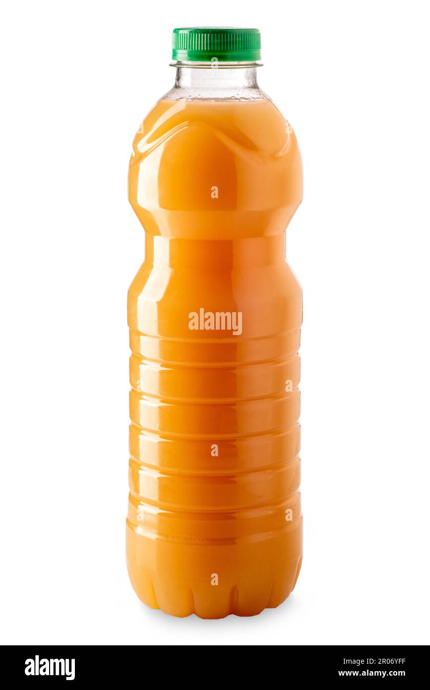Aprikosen- oder Pfirsichfruchtsaft in weißer Kunststoffflasche, isoliert mit Schnittpfad Stockfoto