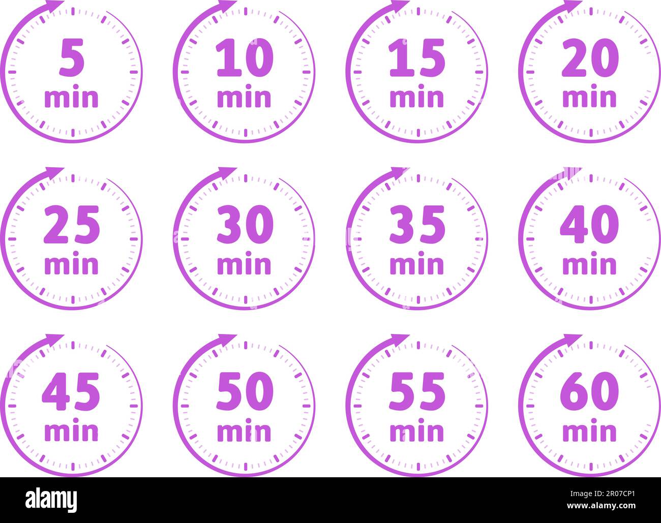 Stoppuhr violette Vektorsymbole auf hellen runden Knöpfen mit violettem Schatten. Stoppuhr-Symbolsatz für Web, mobile Apps, ui-Design und Druck Stock Vektor