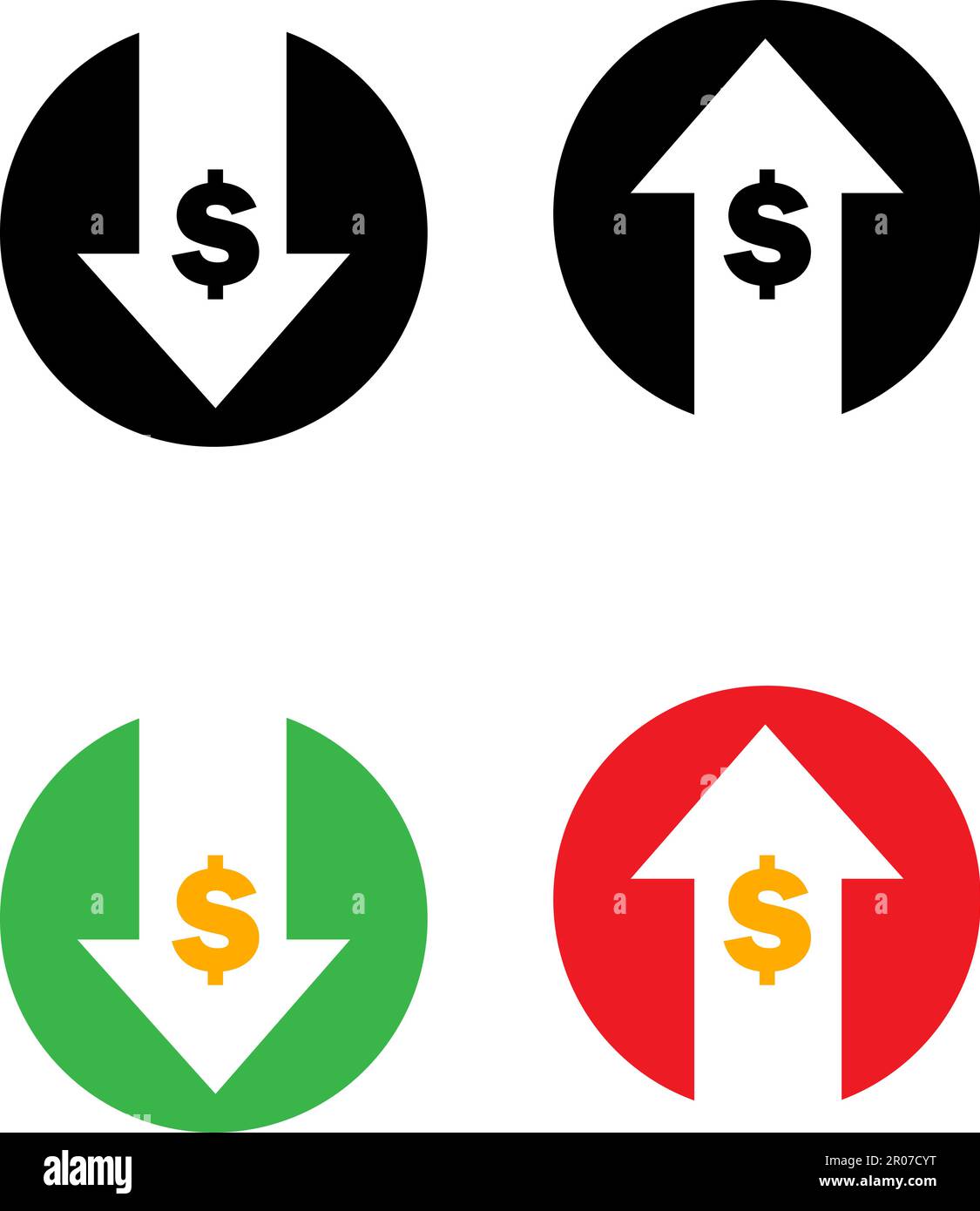 Satz von Kostensymbol Symbol für Erhöhung und Verringerung des Betrags, Geld, Dollarzeichen mit Pfeil nach oben und unten abgerundetes schwarzes Vektorsymbol Stock Vektor