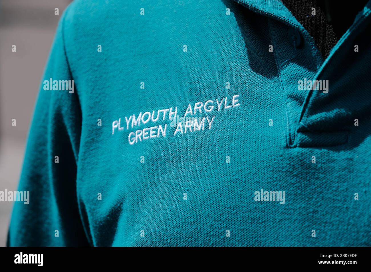 Port Vale FC, Stoke on Trent, Großbritannien. 7. Mai 2023 Plymouth Argyle-Fans feiern die Promotion als Champions der EFL Sky Bet League One mit einem Sieg von 1-3 über Port Vale im Vale Park, Stoke on Trent. Kredit: Mark Lear / Alamy Live News Stockfoto