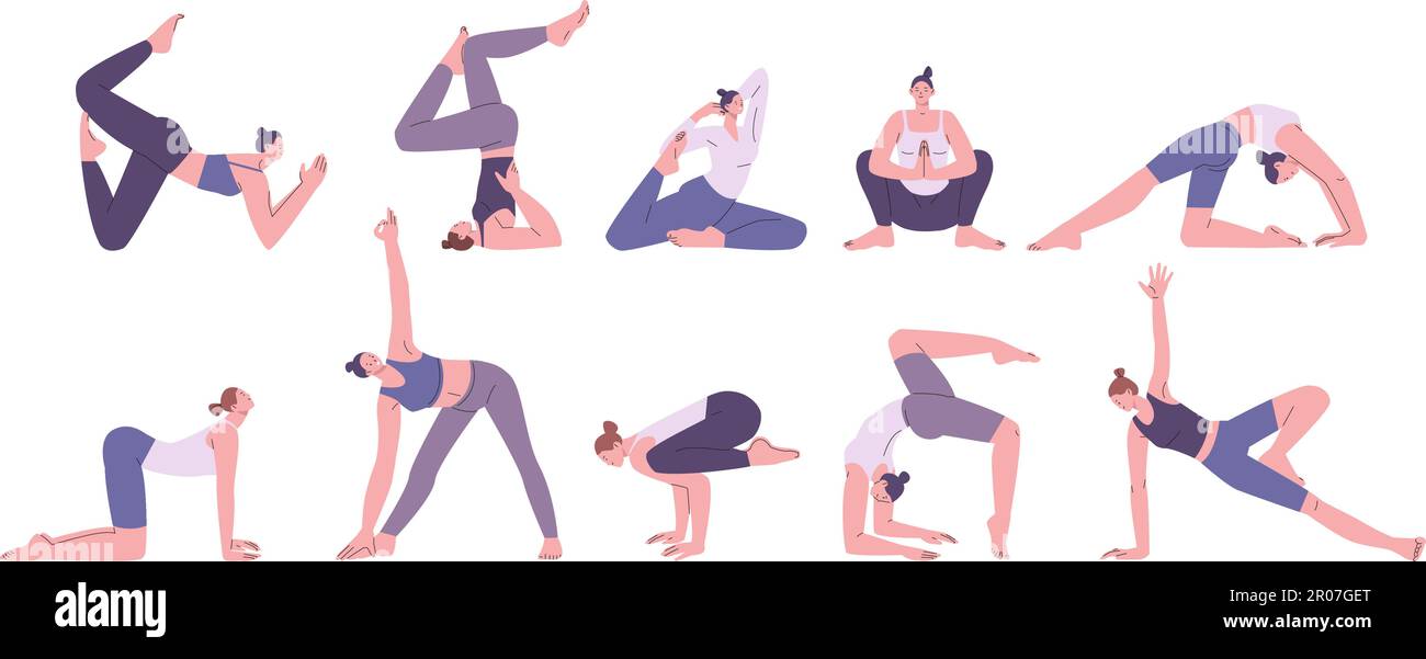 Weibliches Yoga, Stretch-Training Charaktere. Therapiemeditation, Gesundheit und geistige Balance Sport-Praxis. Fitnessaktivitäten, verschiedene Posen, kickiger Vektor Stock Vektor