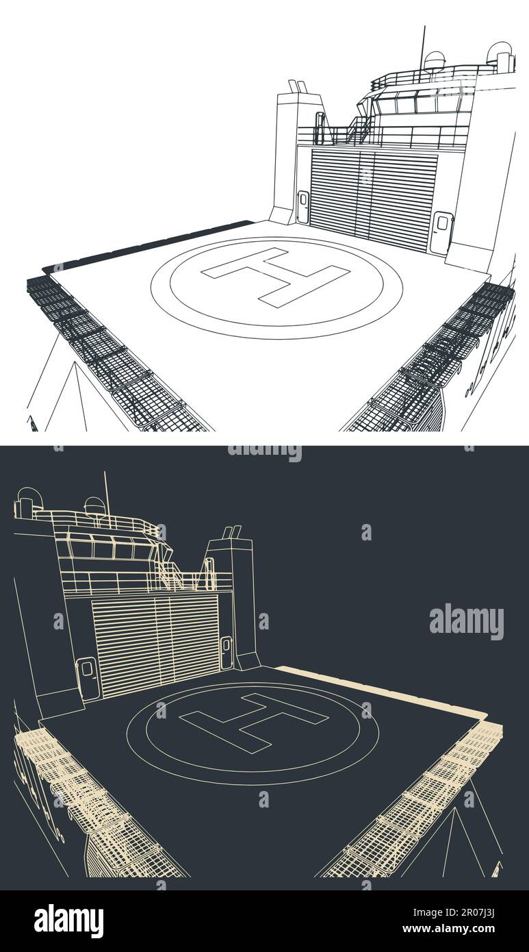 Stilisierte Vektordarstellung eines Hubschrauberlandeplatzes auf einem Forschungs- und Expeditionsschiff Stock Vektor