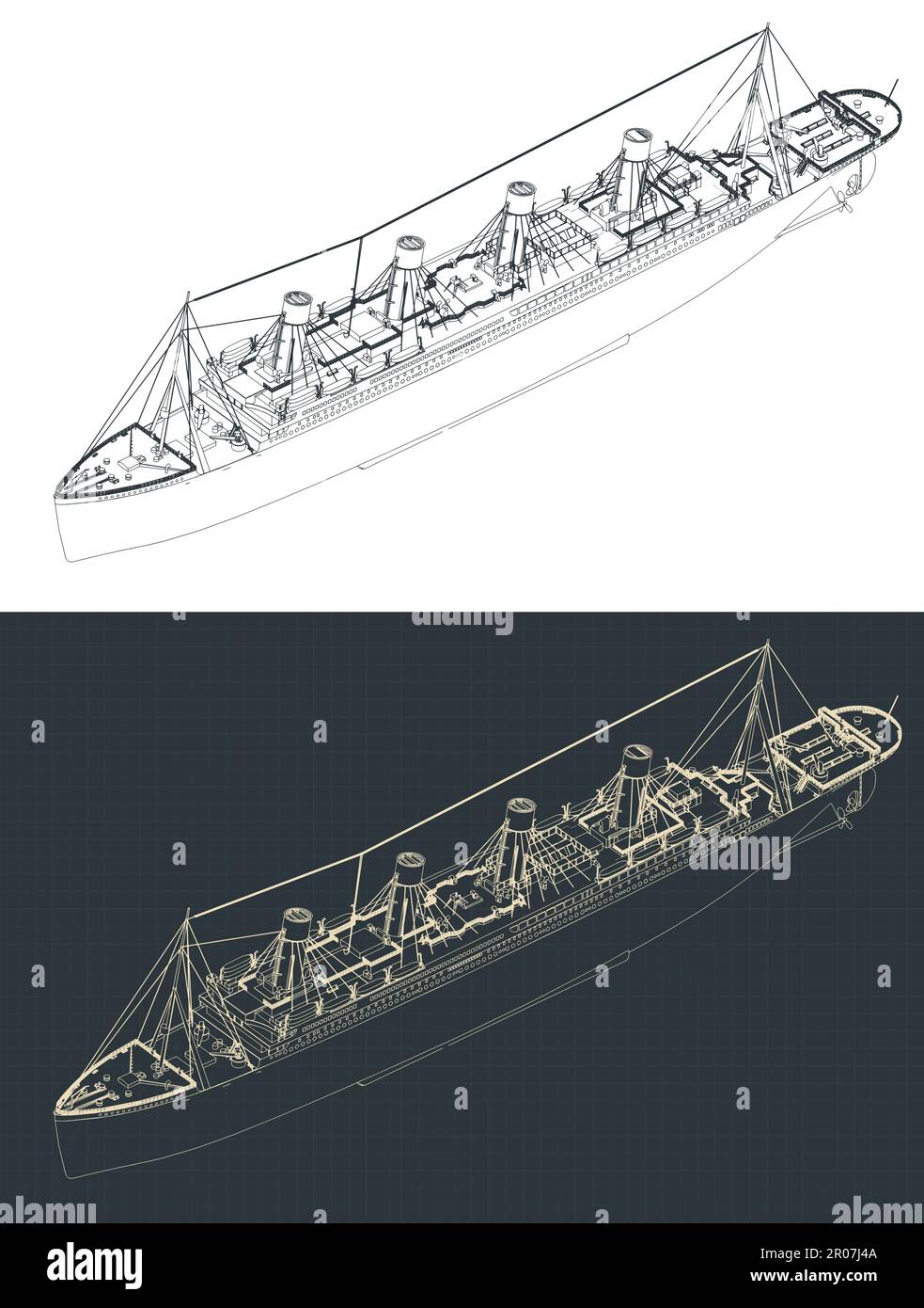 Stilisierte Vektordarstellung des isometrischen Blueprint der Titanic Stock Vektor