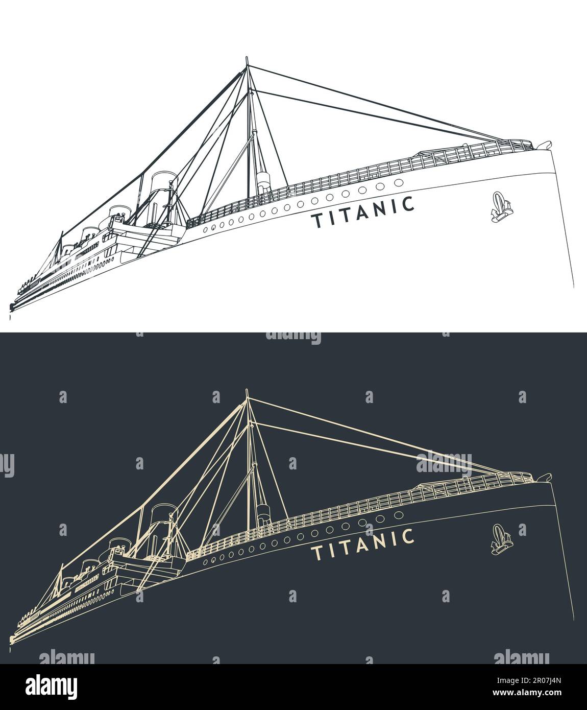 Stilisierte Vektordarstellungen von nahen Skizzen der Titanic Stock Vektor