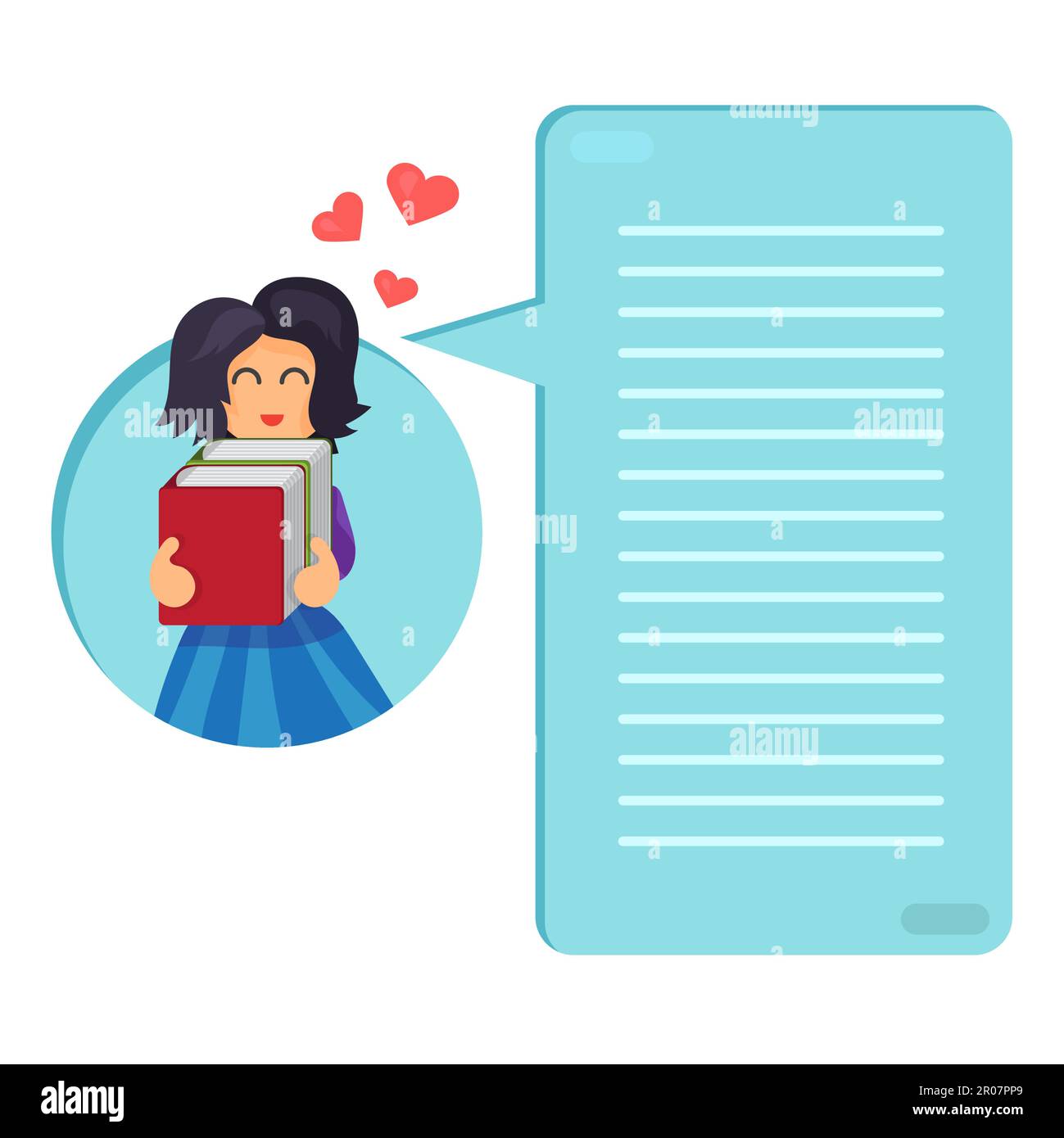 Mädchen Bücher umarmt. Liebe zum lesen. Denken-Liste. Vorlage oder Blank mit Lese-Buch-Konzept. Vektor Stock Vektor