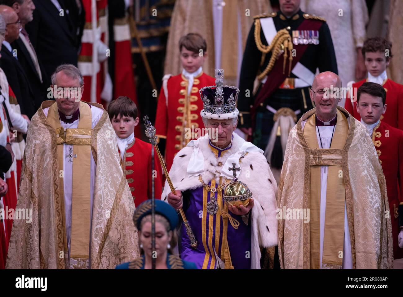 FOTO: JEFF GILBERT 06. Mai 2023. Der König und die Gemahlin verlassen Westminster Abbey. Charles und Camilla verlassen die Abtei durch die Great West Door Stockfoto