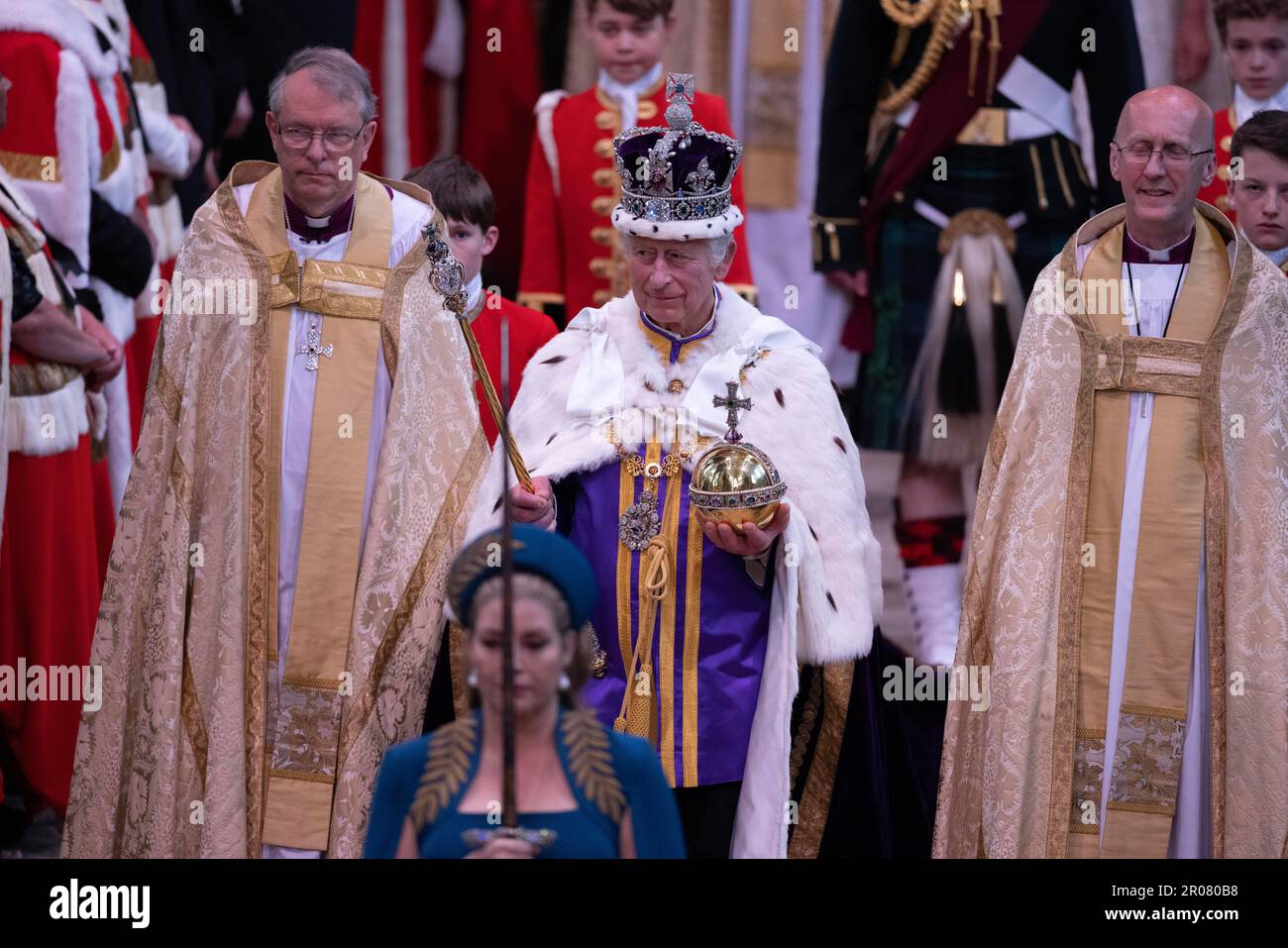 FOTO: JEFF GILBERT 06. Mai 2023. Der König und die Gemahlin verlassen Westminster Abbey. Charles und Camilla verlassen die Abtei durch die Great West Door Stockfoto