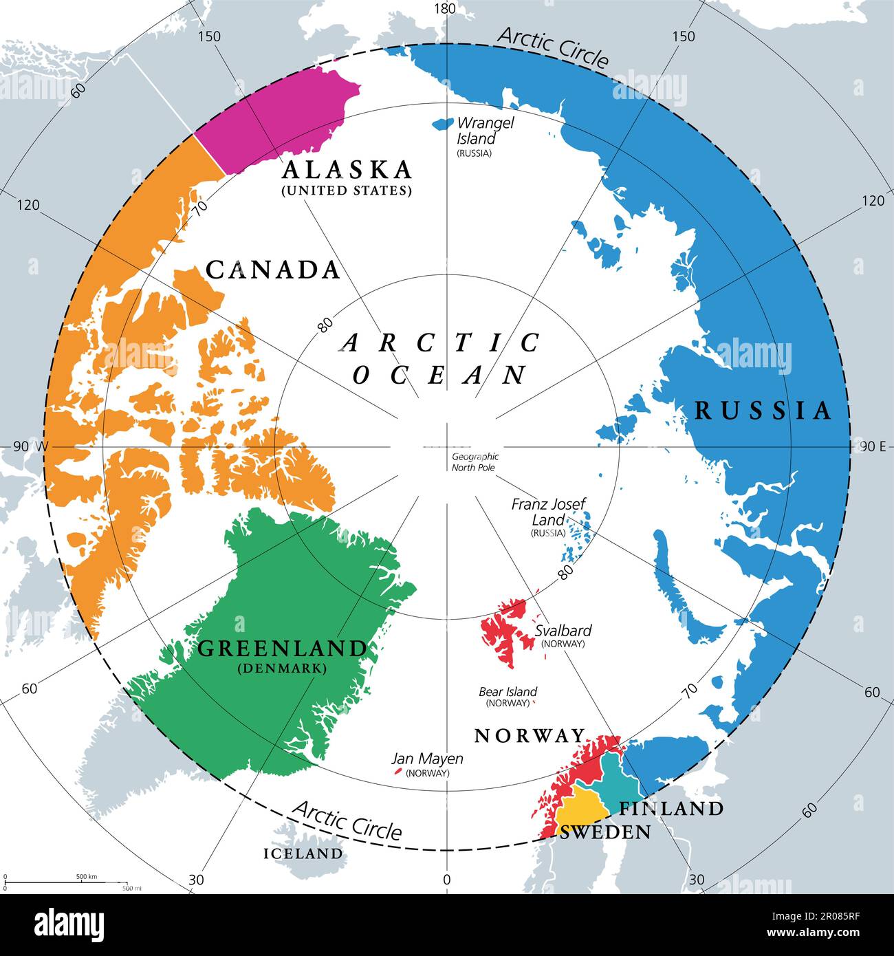 Länder innerhalb des Polarkreises, politische Karte. Länder innerhalb von etwa 66 Grad nördlich des Äquators und des Nordpols. Stockfoto