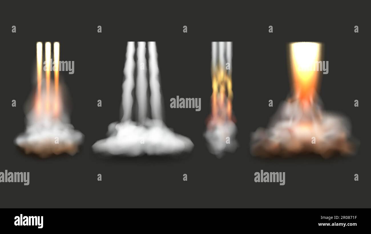 Raketenabschuss. Flammen und Rauch vom Startup des Space Shuttles anständiges Vektor-realistisches Zeichnungsset Stock Vektor
