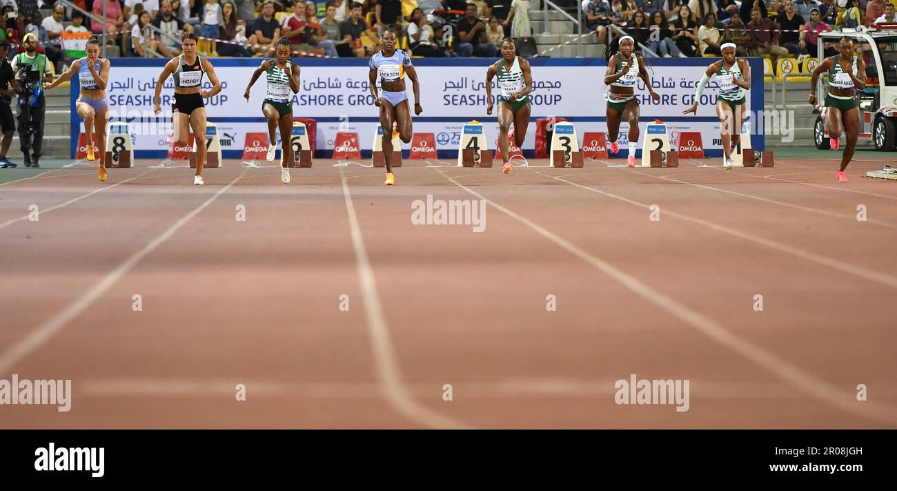 Doha, Katar, 5. Mai 2023. Dina Asher Smith aus Großbritannien, Twanisha Terry aus den USA und Melissa Jefferson aus den USA treten während der Diamond League 2023 im Khalifa International Stadium in Doha, Katar, beim 100m Women Race an. 5. Mai 2023. Kredit: Nikola Krstic/Alamy Stockfoto